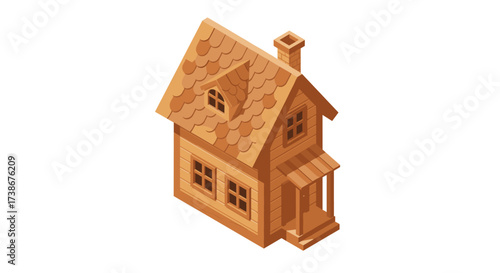 Charming wooden cottage in isometric design with detailed roof shingles and front porch