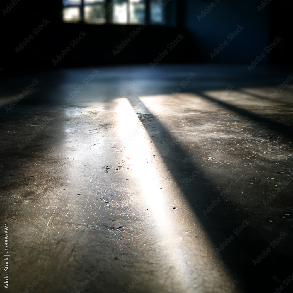 Obraz premium Low angle ground-level shot of a textured concrete floor brightly illuminated by a strong, harsh beam of sunlight streaming through a distant window in a dark, empty warehouse or room.