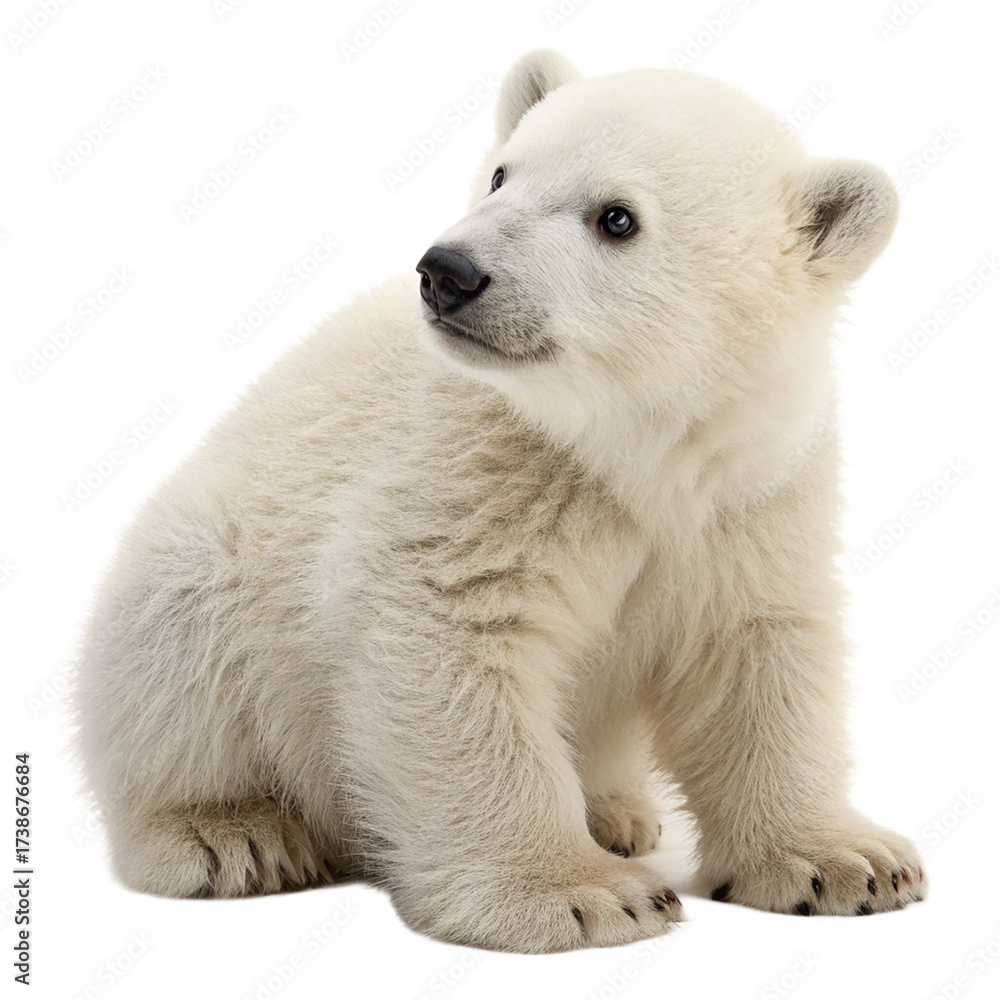 Fototapeta premium Adorable polar bear cub sitting and looking curiously to the side, perfect for wildlife campaigns 