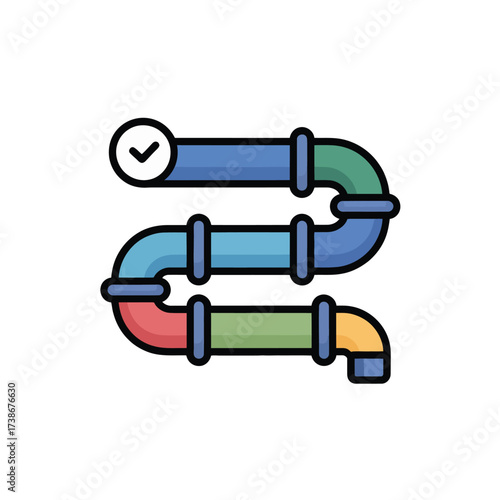 Colorful pipeline vector illustration showcasing flow process with checkmark representing successful completion and systematic approach