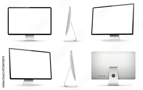 Realistic computer screen mockup. Computer monitor from different angles view