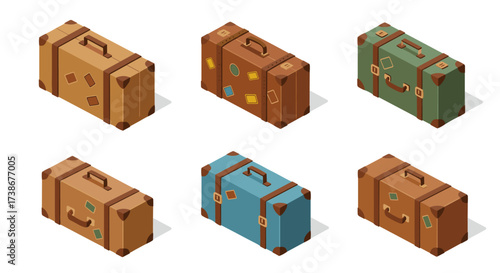 Collection of vintage suitcases in isometric style with travel stickers