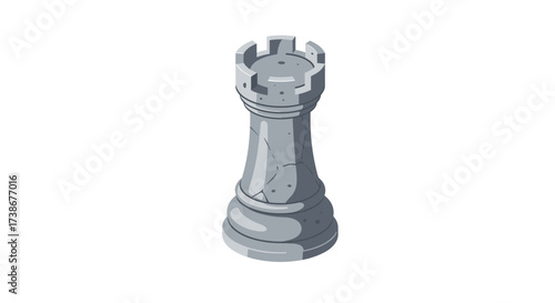 Isometric stone rook chess piece with minimalist design on white background