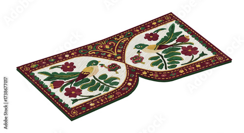 Traditional embroidery design with colorful birds and floral patterns