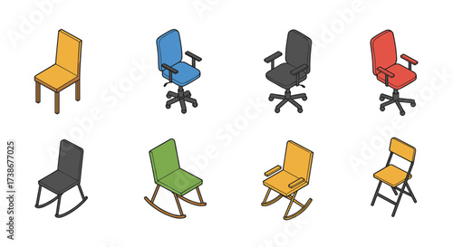 Diverse office and home chairs collection in isometric style