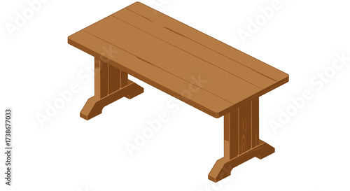 Isometric wooden dining table with detailed texture on white background