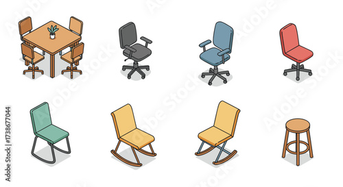 Assorted office and home chairs in isometric view on a white background