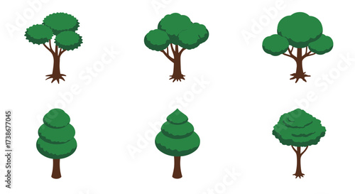 Collection of flat style green trees with unique shapes and leaf patterns