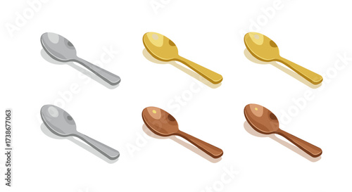 Isometric spoons in metallic shades: silver, gold, bronze on white background