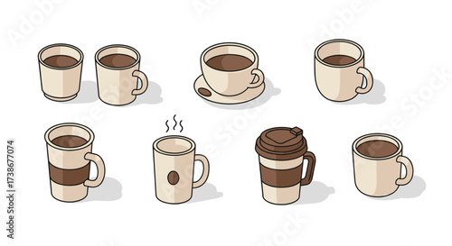 Variety of coffee cups with minimalist design and soft shadows