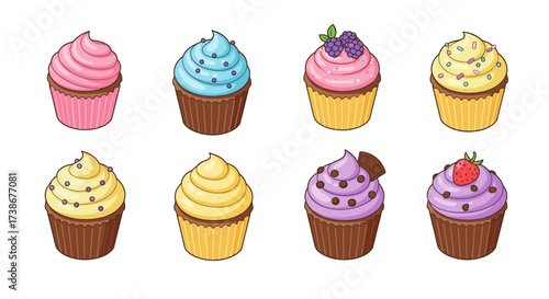 Colorful cupcake collection with creamy toppings and berries on white background