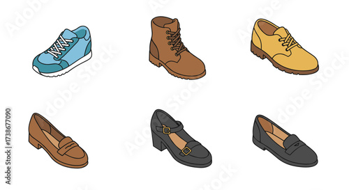 Stylish footwear collection: sneakers, boots, and loafers in flat design