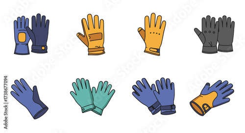 Colorful cartoon style gloves collection with various designs on white background
