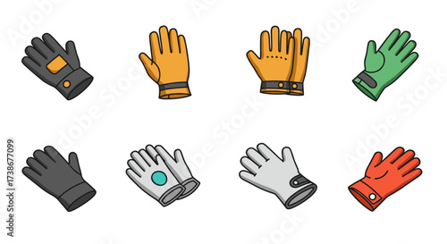 Collection of colorful gloves in cartoon style with various designs