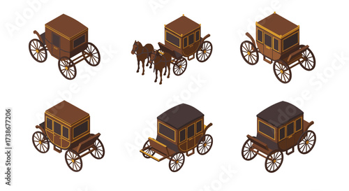 Isometric vintage carriage collection: horse-drawn wagons and old-fashioned carts