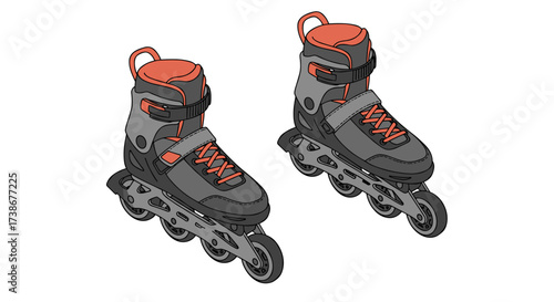 Stylish inline skates with red accents in isometric design for fitness and recreation