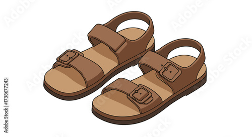 Classic brown sandals with buckles on white background