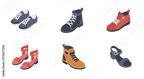 Set of isometric shoes and sandals on white background