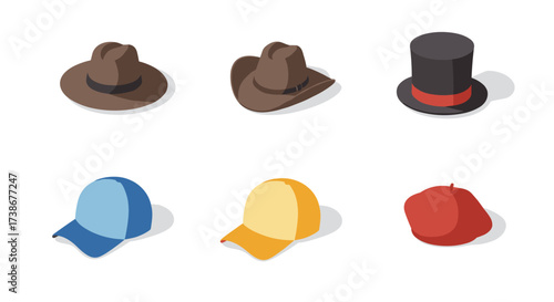 Isometric set of trendy hats on white background