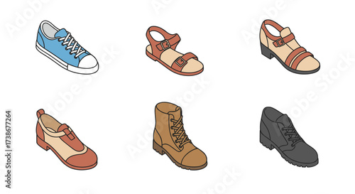 Collection of diverse footwear styles in modern isometric design