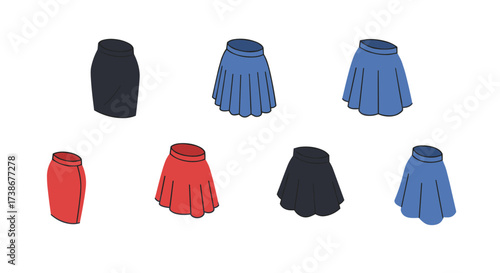 Colorful collection of simple women's skirts in blue and red variants