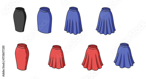 Variety of women’s skirt styles in isometric fashion design