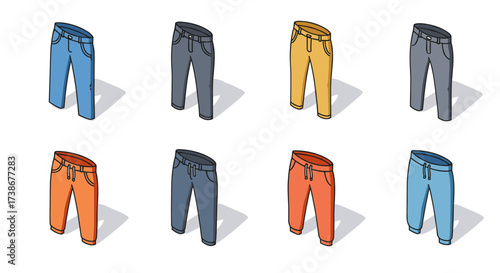 Colorful isometric pants collection with shadows on white background