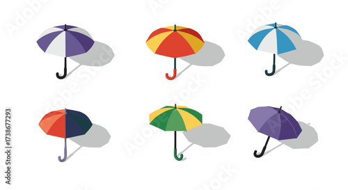 Colorful umbrellas in isometric style with shadows on white background