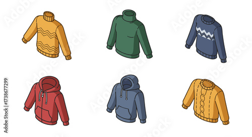 Isometric sweaters and hoodies set in various colors and designs