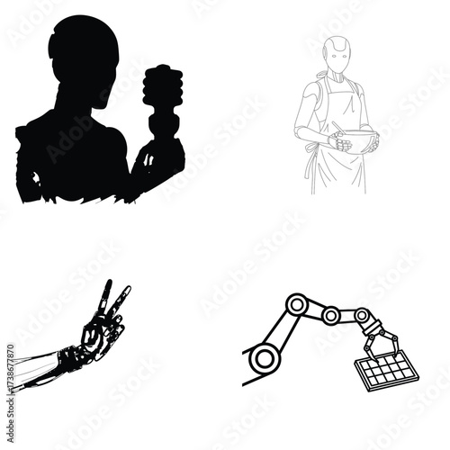 Robots and automation concepts showcased in a minimalist black and white design featuring artificial intelligence and robotic technology elements