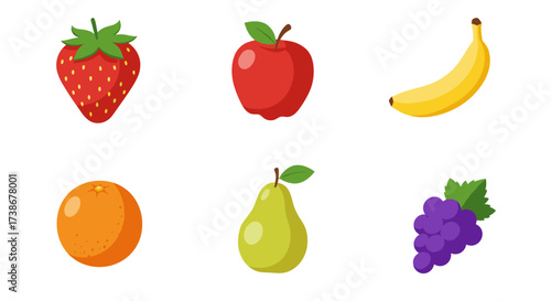 Colorful flat design fruit collection with strawberry, apple, banana, orange, pear, and grapes
