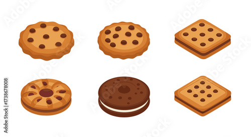Delicious isometric cookies set featuring chocolate chip and sandwich varieties