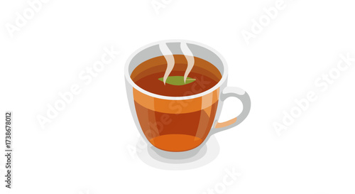 Isometric cup of tea with steam and leaf on white background