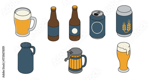 Isometric icons of beer mugs, bottles, and cans for beverage menu design
