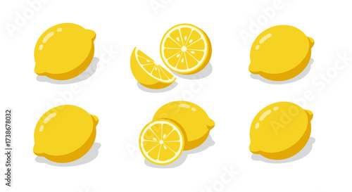 Fresh lemon collection: realistic whole and sliced citrus fruits on white background