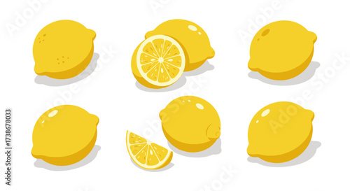 Collection of whole and sliced lemons in modern flat style on white background