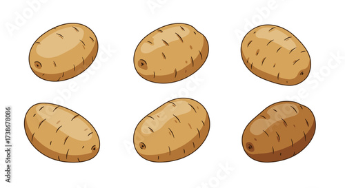Set of six cartoon potatoes with different shades and textures on white background