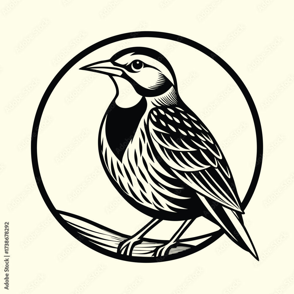Naklejka premium Meadowlark bird sitting on a branch in a circle, vector logo icon in a classic woodcut style.