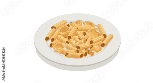 Plate of mixed pasta tubes and wheels on white background