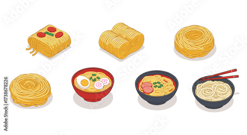 Various styles of noodles and ramen bowls in flat design on white background
