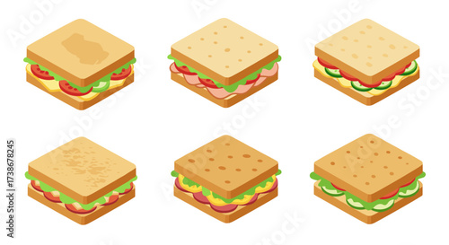 Isometric sandwich collection: delicious variations with vegetables and cheese