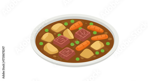 Hearty beef stew with potatoes, carrots, and peas in a bowl