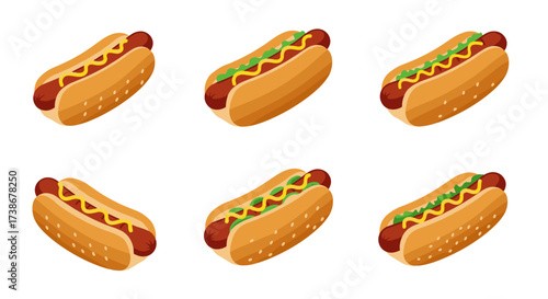 Isometric hot dog variations with toppings on white background