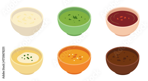 Assorted colorful bowls with various soups and garnishes in isometric style