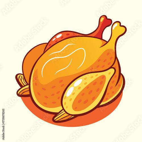 Whole roasted chicken or turkey cartoon icon, vector illustration for a holiday feast like Thanksgiving or Christmas dinner.