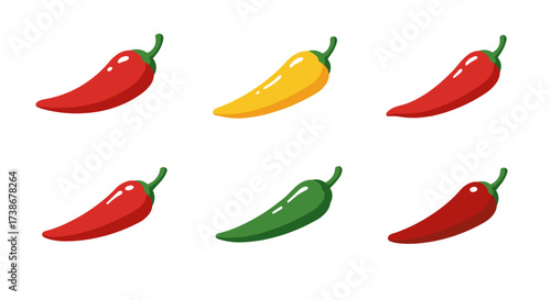 Colorful peppers set: red, yellow, green habanero and chili on white background
