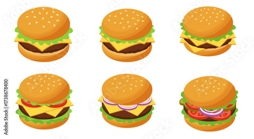 Set of isometric cheeseburgers with various toppings on white background