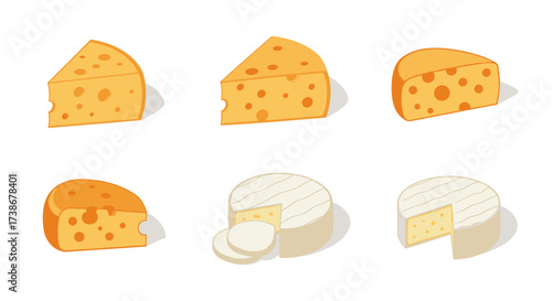 Variety of cheese slices: cartoon style cheese wedges and wheels