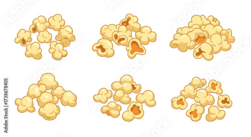 Cartoon popcorn collection: tasty snack illustrations in various pile arrangements