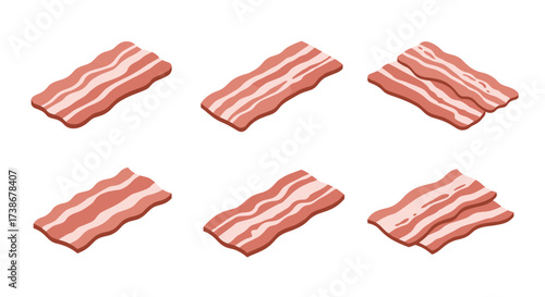 Six strips of bacon in various arrangements on white background